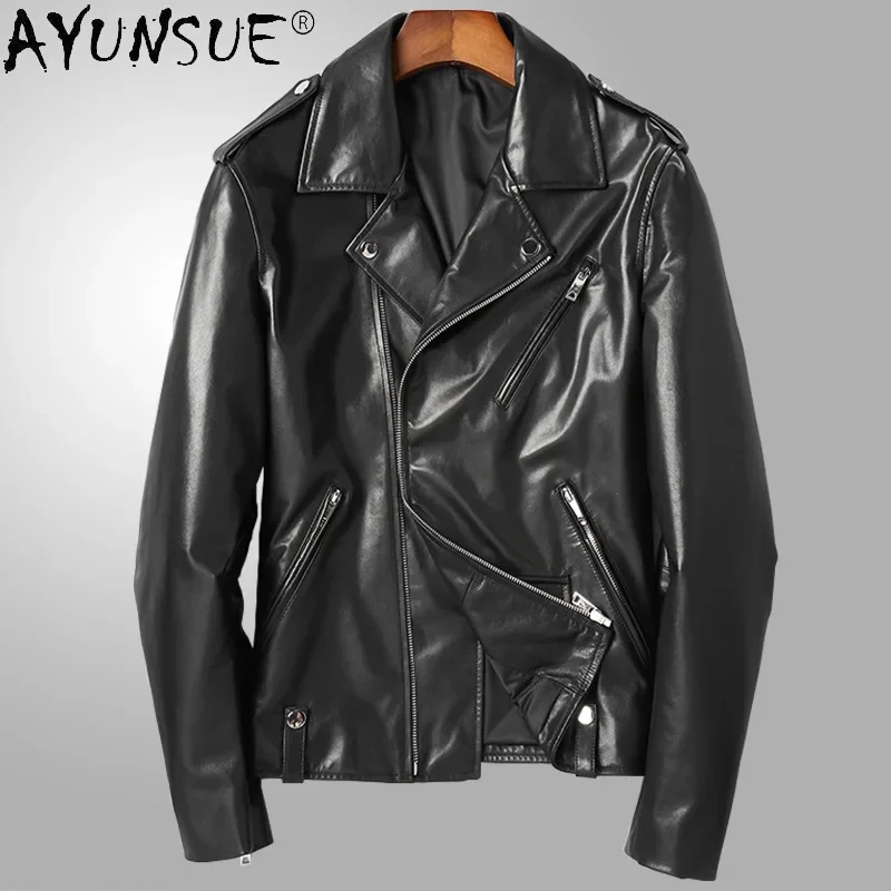 

AYUNSUE Real Goatskin Leather Jacket Motorcycle Men Genuine Leather Jackets for Men Fashion Lapel Leather Coat Casual Jaqueta