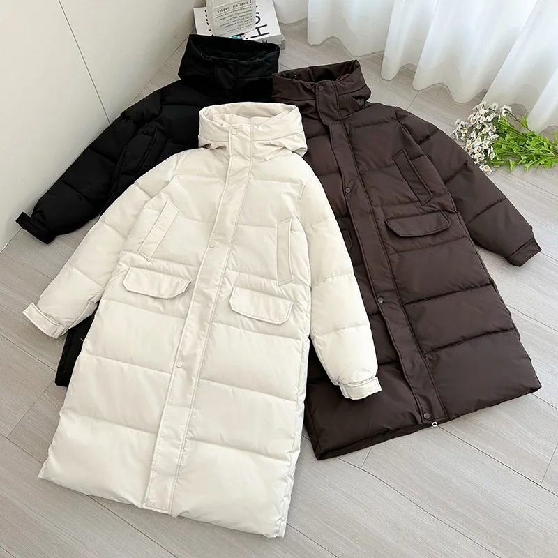 

Женская пуховая хлопковая куртка, длинное зимнее пальто с капюшоном, утепленная верхняя одежда до колена большого размера, новый корейский стиль
