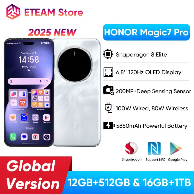 HONOR Magic7 Pro Global Version 5G Smartphone Snapdragon 8 Elite 6.8''120Hz LTPO Display 100W Fast Charge 200MP Cameras IP69 NFC