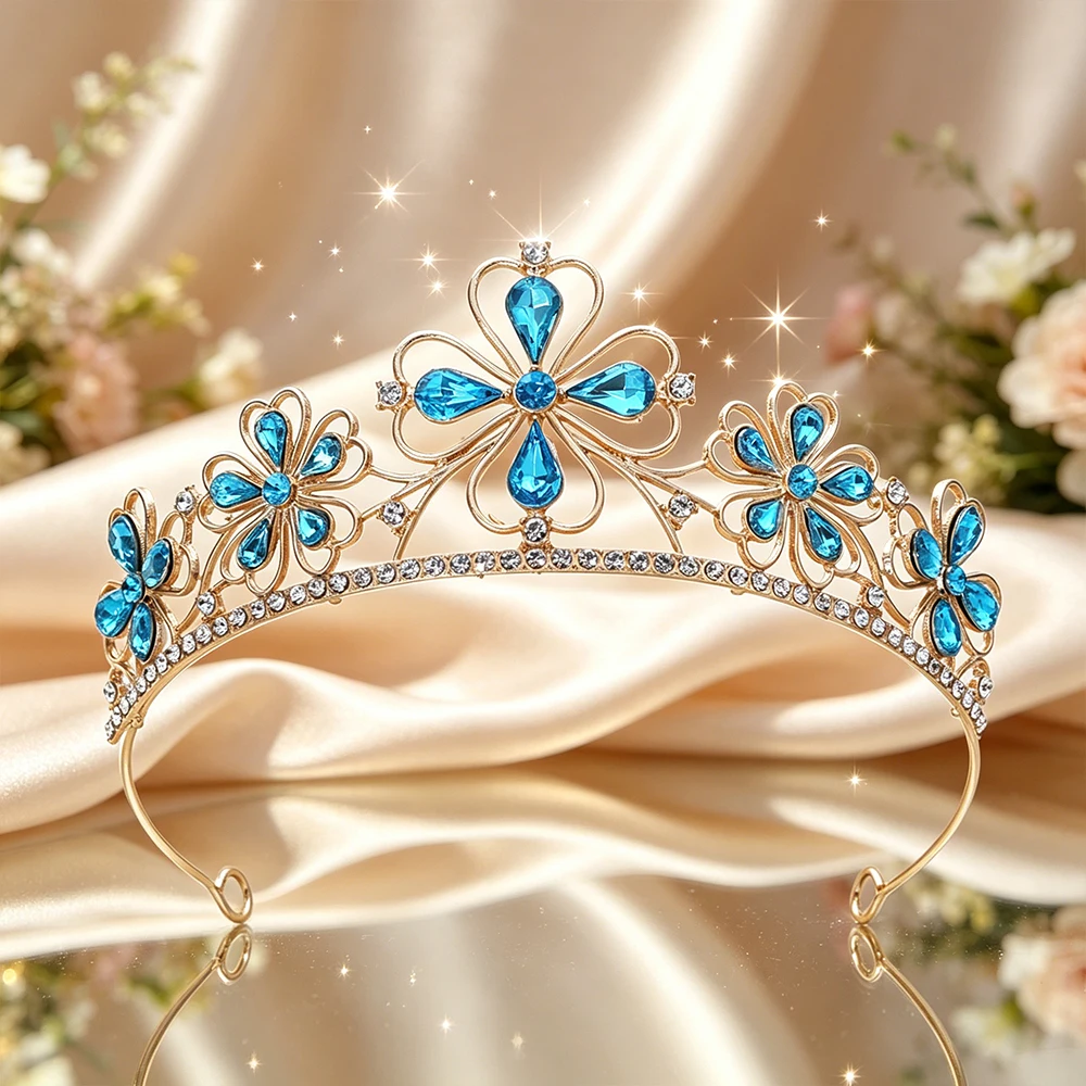 Baroque Four-Leaf Flower Crystal Bridal Tiara Sparkling Rhinestone Floral Queen Crown Elegant Royal Headpiece Wedding Birthday view 5