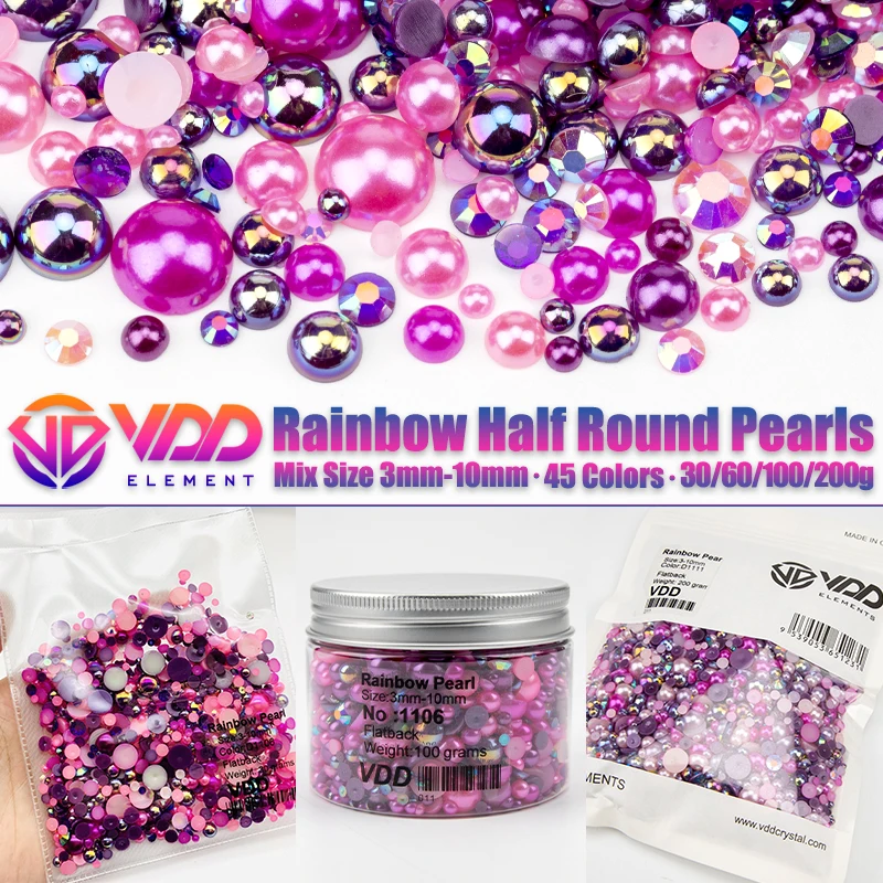 VDD 30/60/100/200g Wholesale Mix Size ABS Half Round Pearls Flatback Beads Color Resin Rhinestone Crafts Nail Art DIY Decoration