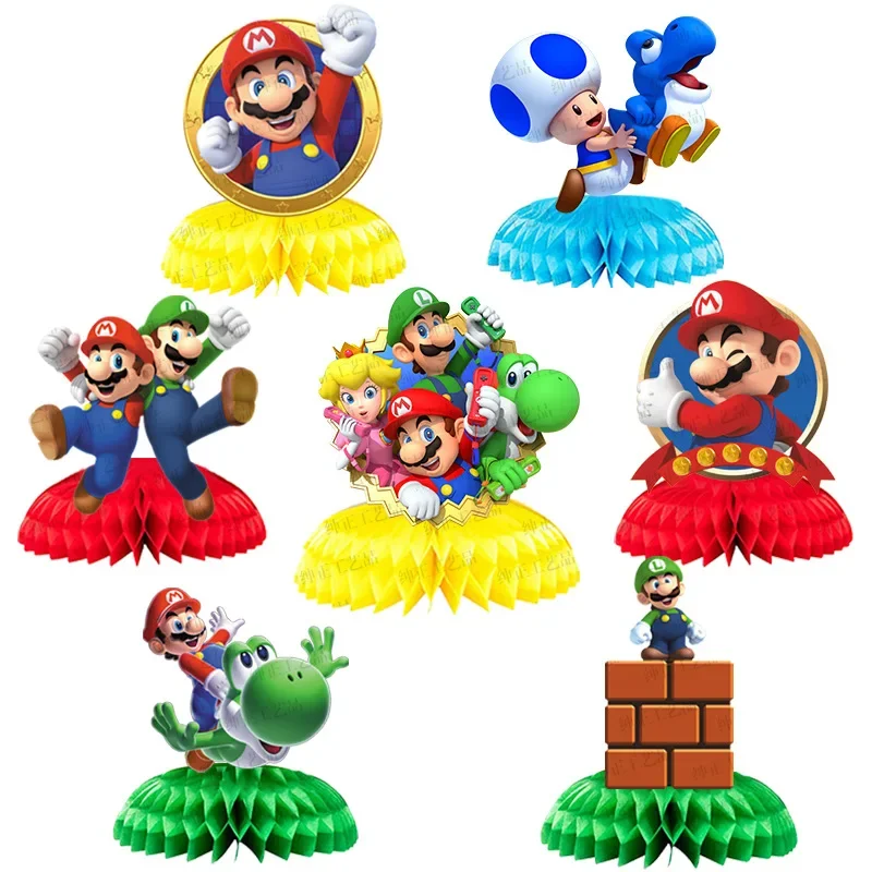 

7pcs/set Super Mario Themed Party Ornaments Toys Children Mario Figure Honeycomb Ball Party Cartoon Tabletop Decoration Toy Gift