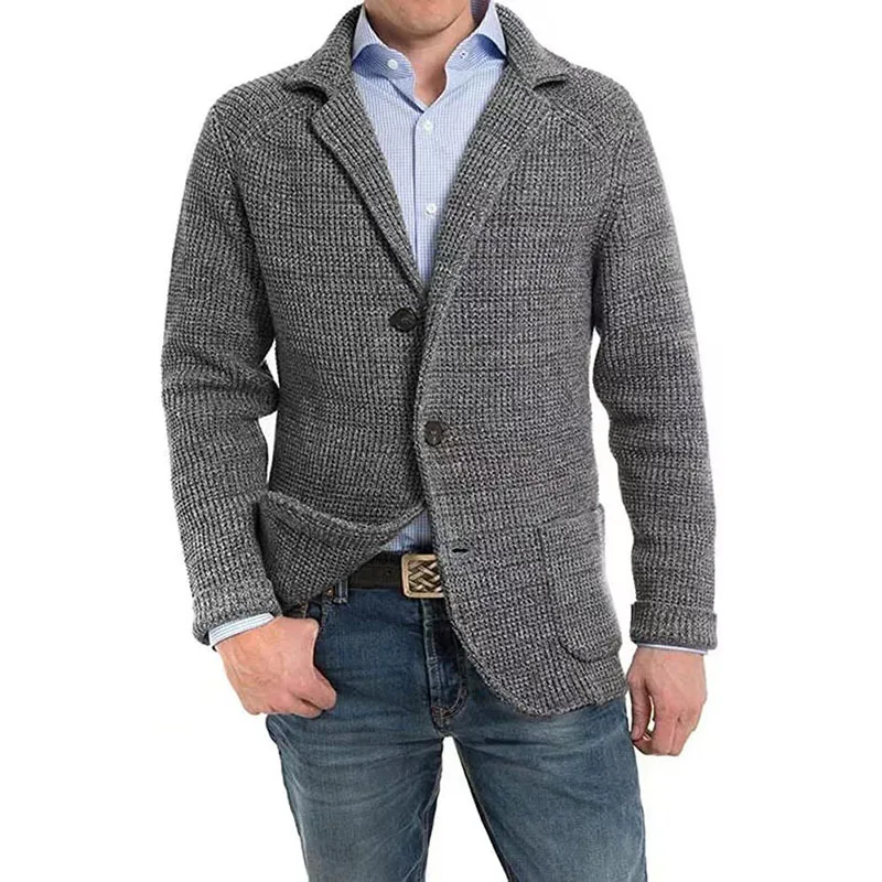 Camisola masculina de malha comprida cardigan de bolso, suéter casual elegante