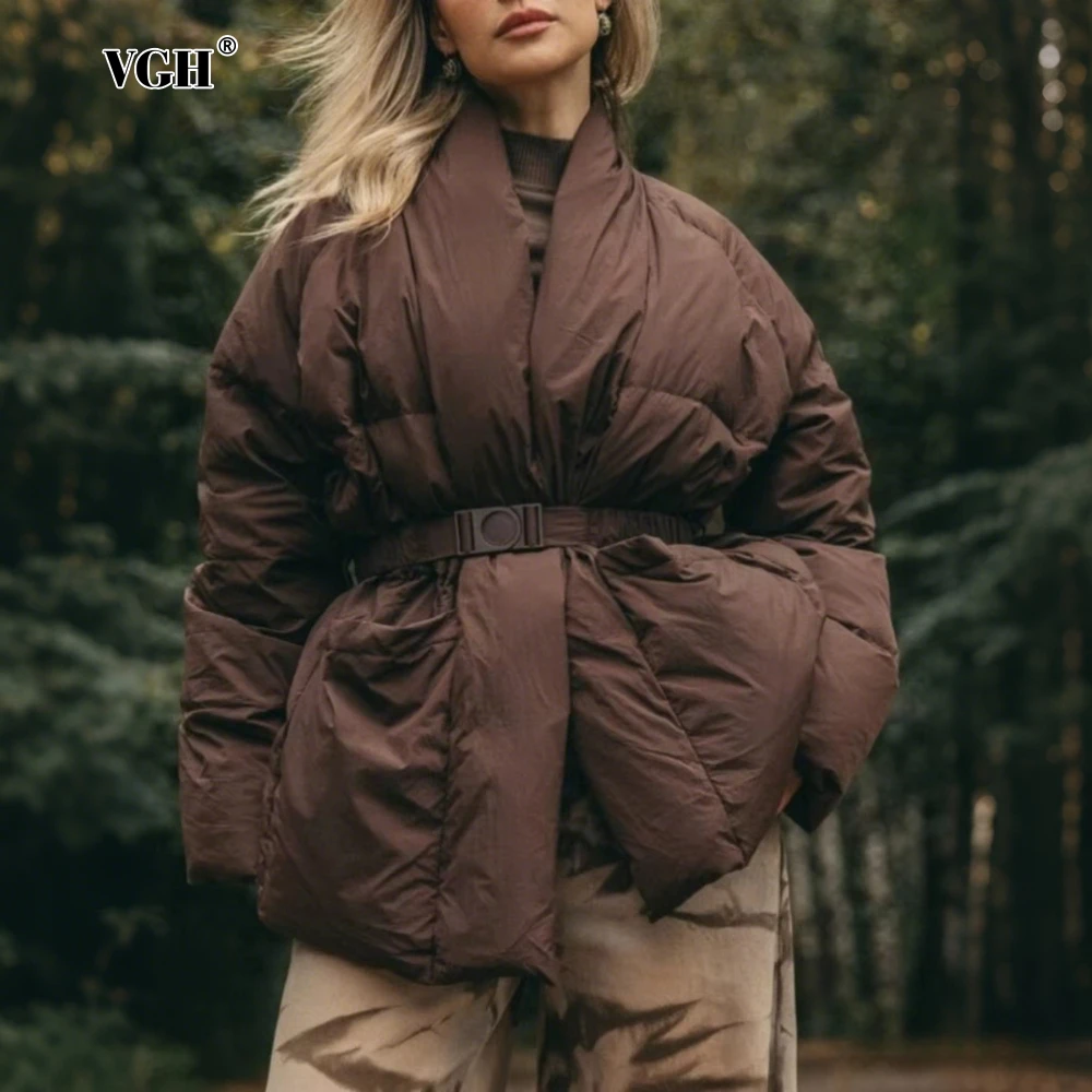 

VGH Solid Color Fashion Down Coats for Women Stand Collar Long Sleeve Slim Patchwork Elastic Sashes Casual Basics Jacket Female