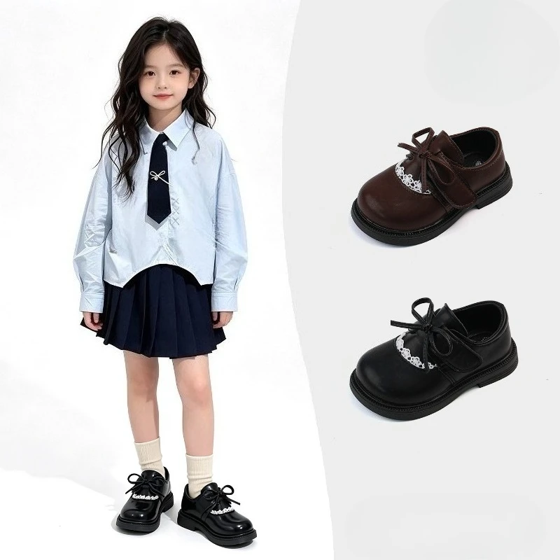 JGSHOWKITO Girls Leather Shoes Retro Lace Trim Bow Children School Dress Flat Shoes Non-slip Party Kids Princess Mary Jane Shoes