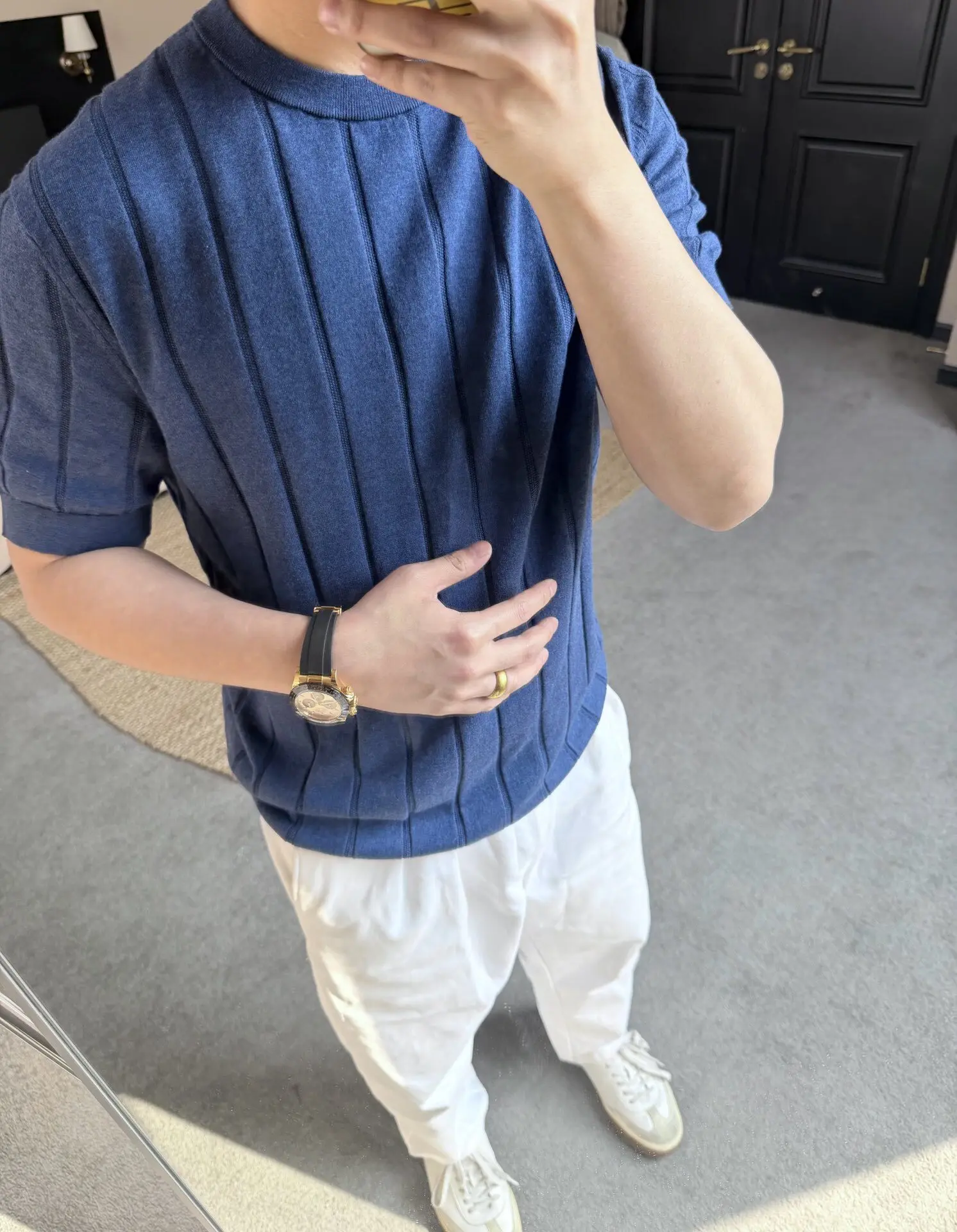 Old MoneyMinimalist 90 Count Ultra Fine Linen Sea Island Cotton 16 Gauge Vertical Stripe Knit Short Sleeve T Shirt Men Summer
