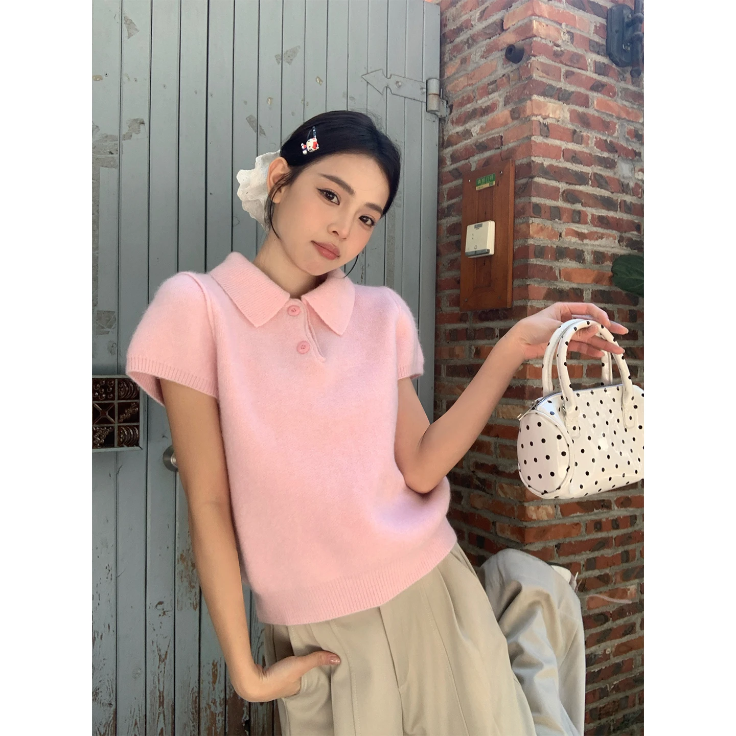 

Song Zhengen Korean Style Lazy Style Pink Collar Knitted Short Sleeve Women's Sweater Commute Style Straight Cut Medium ...