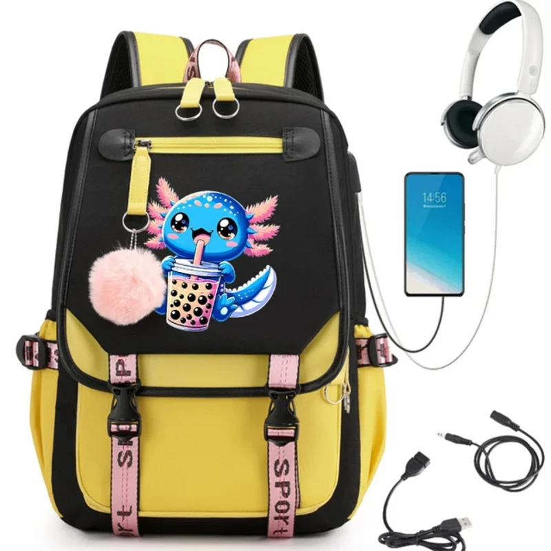 Backpack Bag for Girls Schoolbag Boba Axolotl Bubble Tea Cartoon Children Girls Waterproof Anime Bookbag Backpacks Usb Daypack