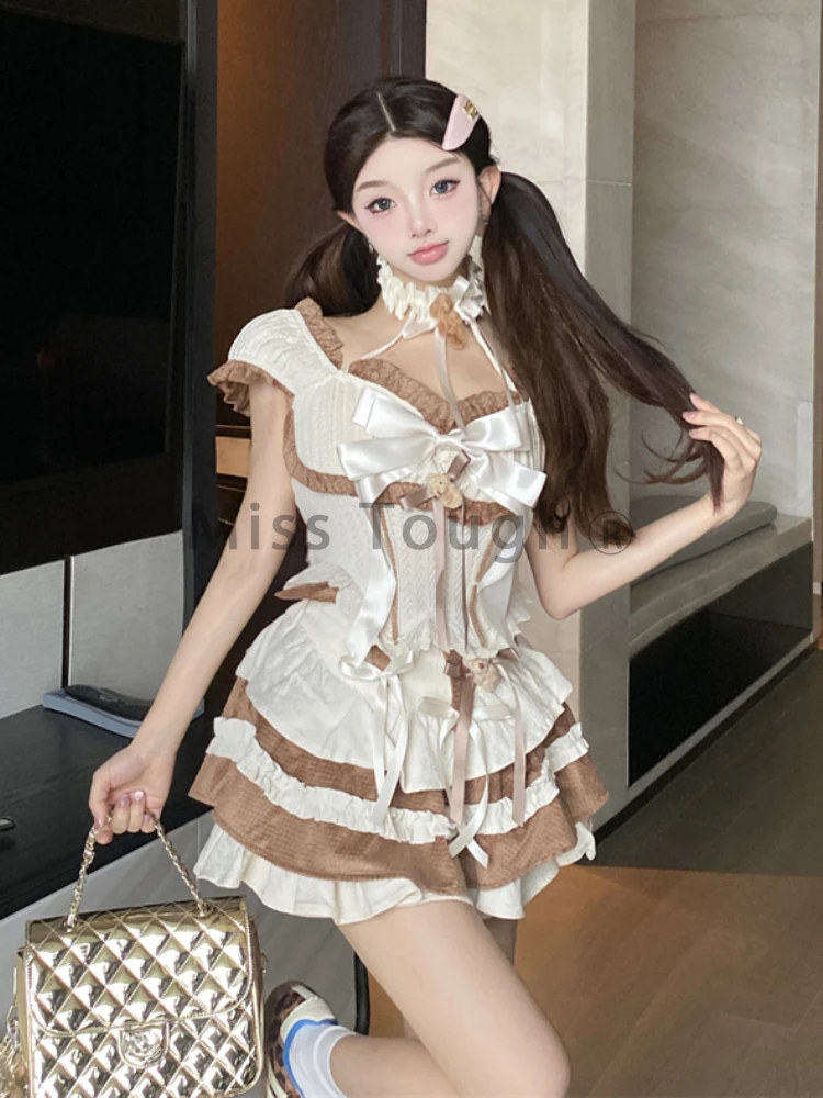 Spring Japanese Kawaii New Two Piece Set Women Bow Sweet Ruched Cute Skirt Suit Female Korean Slim Tops＋Princess Cake Skirt 2024