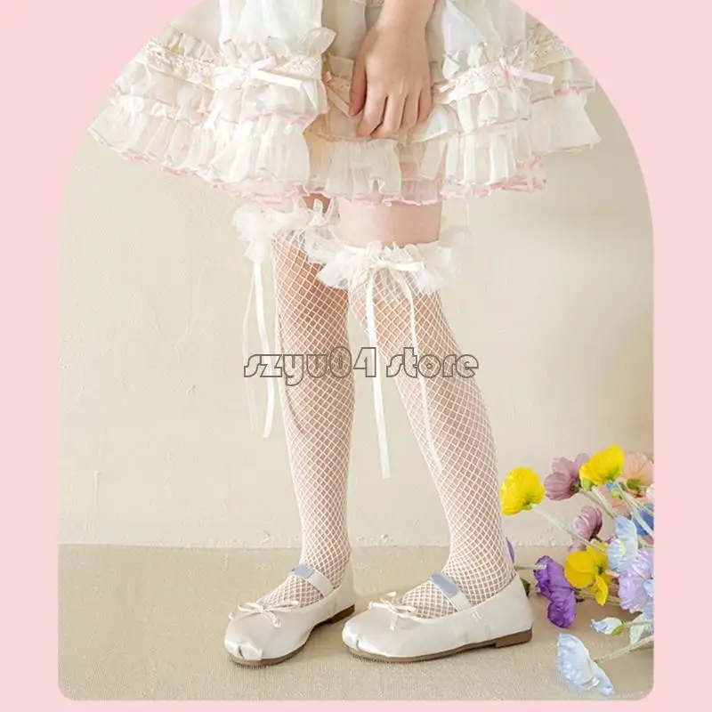 4 × 7D الدانتيل الدانتيل الجوارب الحلو للأطفال الذين يعانون من تقليم القوس الجميل ، وجوارب بطول العجل الأوسط للحفلات والزي غير #4