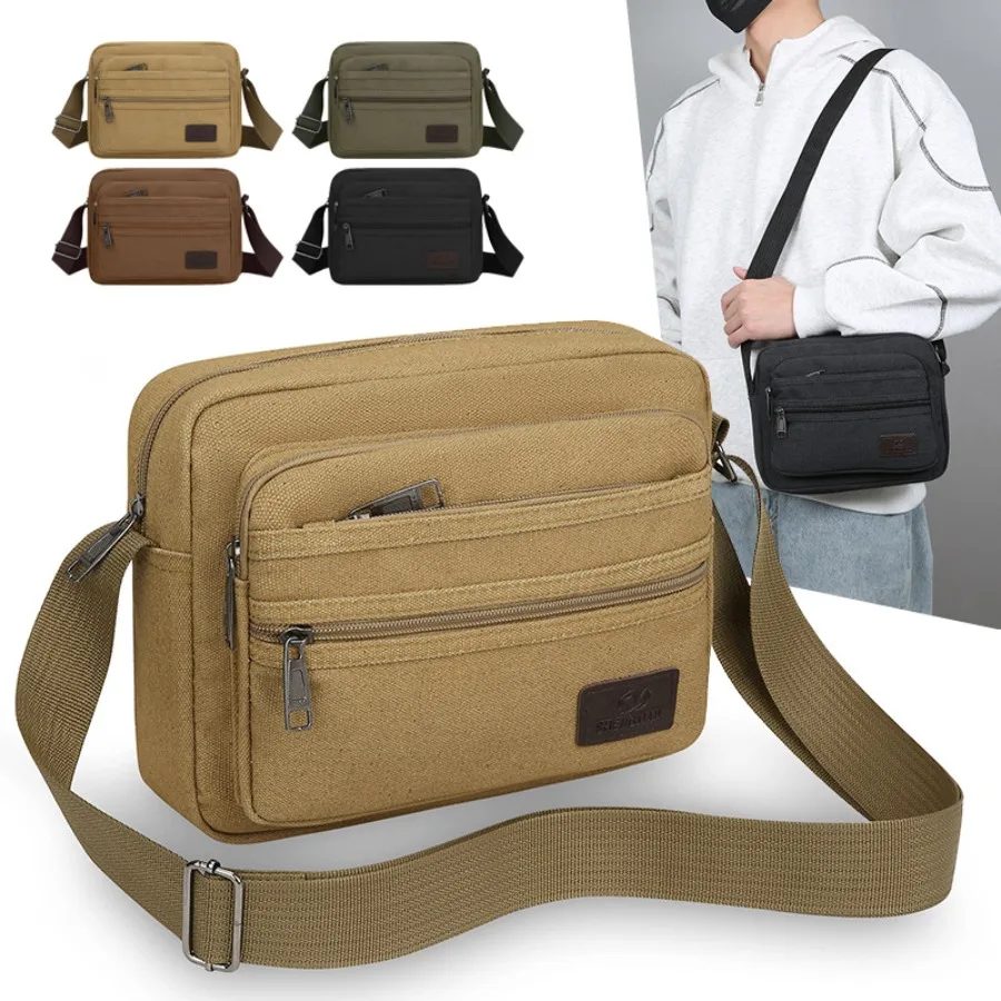 

【Новый стиль】Мужская сумка из утолщенного холста, повседневная сумка-кошелек, многослойная, на молнии, универсальная, высококачественная, износостойкая, на плечо.