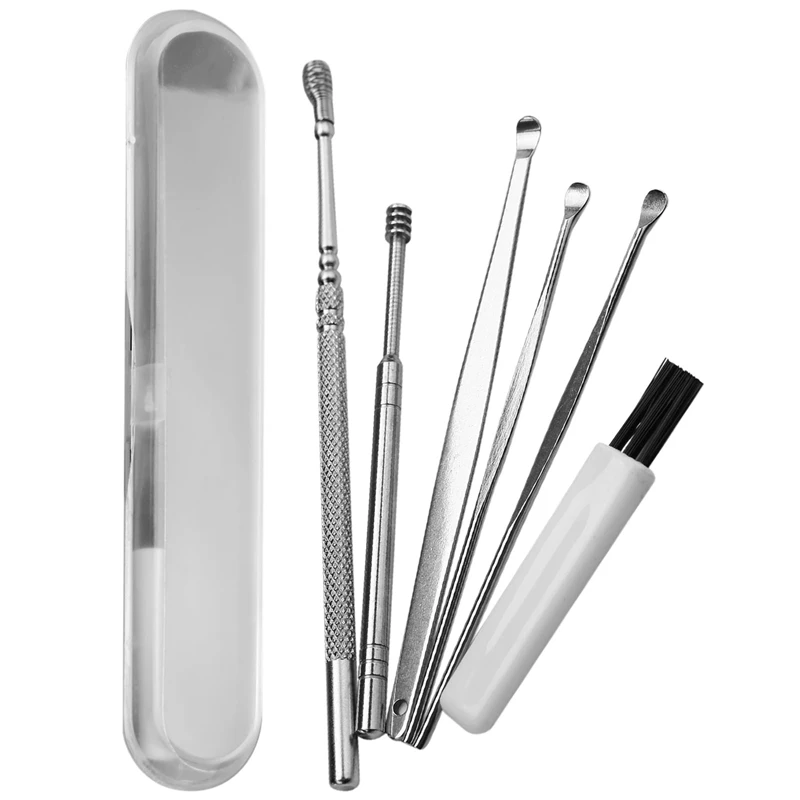 6 sztuk patyczek do uszu zestaw ze stali nierdzewnej Earpick wosku z uszu Curette Remover do czyszczenia uszu łyżka spiralne ucho czyste narzędzie z przypadku