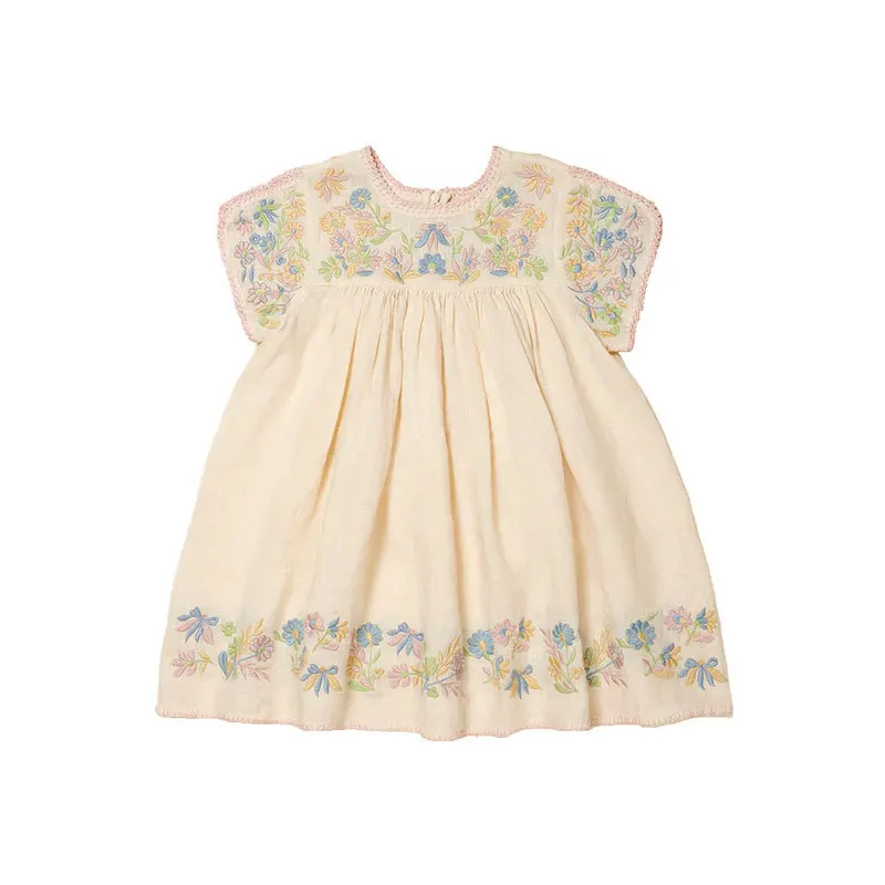 class-a-girl's-dress-nordic-style-children's-clothing-retro-fashion-embroidered-short-sleeve-round-neck-children's-dress