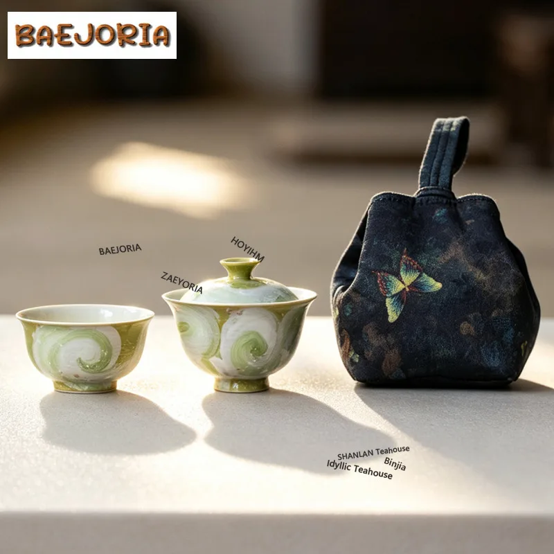 BAEJORIA Hand-painted Oil Painting Style Green Starry Sky Travel Tea Set Kit 1 Bowl 1 Cup Tea Maker Organizer Compact Picnic Bag