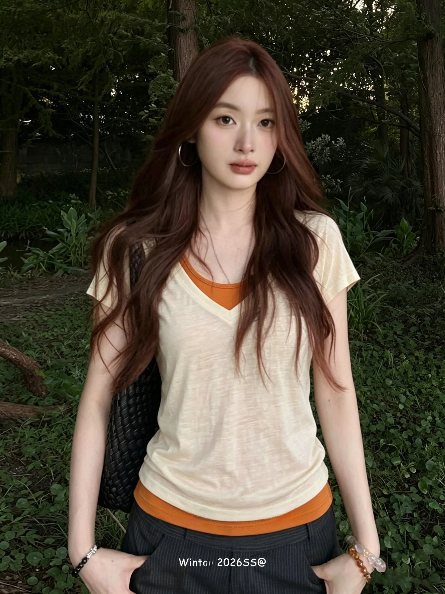 

Summer Women's Short Sleeve V-Neck T-Shirt Set Orange Vest Slimming Top Casual Style Comfortable Breathable Soft Fabric