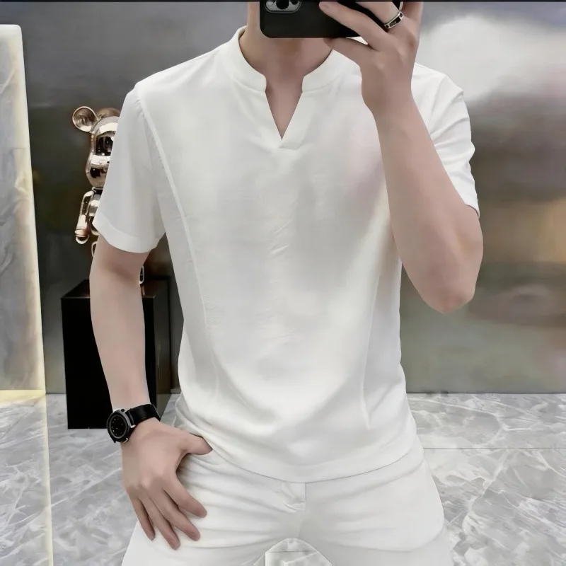 

Summer Men's Simple V-neck Short Sleeved T-shirt Trendy Breathable Solid Color T-shirts Casual Business Social Base Shirt M-4XL
