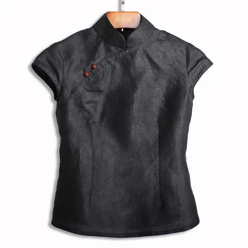 

2025 silk qipao blouse fashion women's chinese style retro short sleeve tang suit outfit qipao cheongsam collar casual top