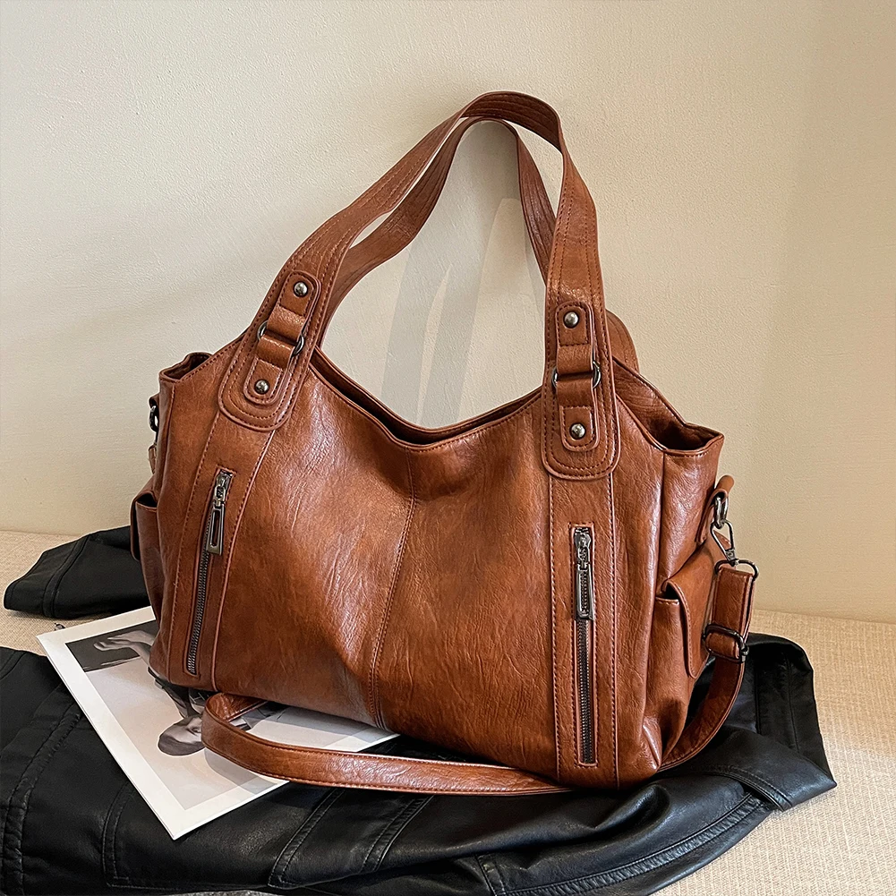 

Винтажные мотоциклетные сумки через плечо, женская сумка через плечо из искусственной кожи, ретро-сумка-тоут с несколькими карманами, дорожные сумки с верхней ручкой