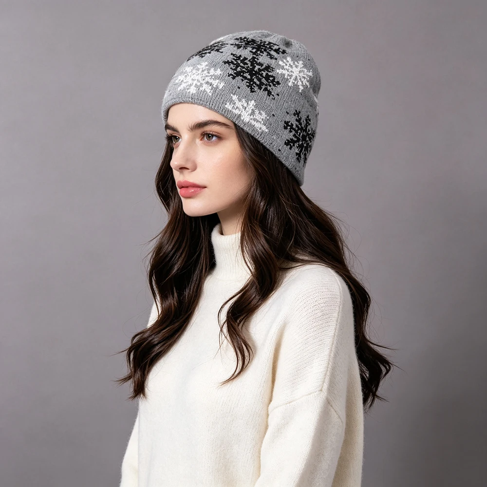 Jaxmonoy 2026 Winter Hats Surper Warm Double-layer Design Wool Knitted Hat Lady Fashionable Snowflake Rhinestone Trim Skull Cap