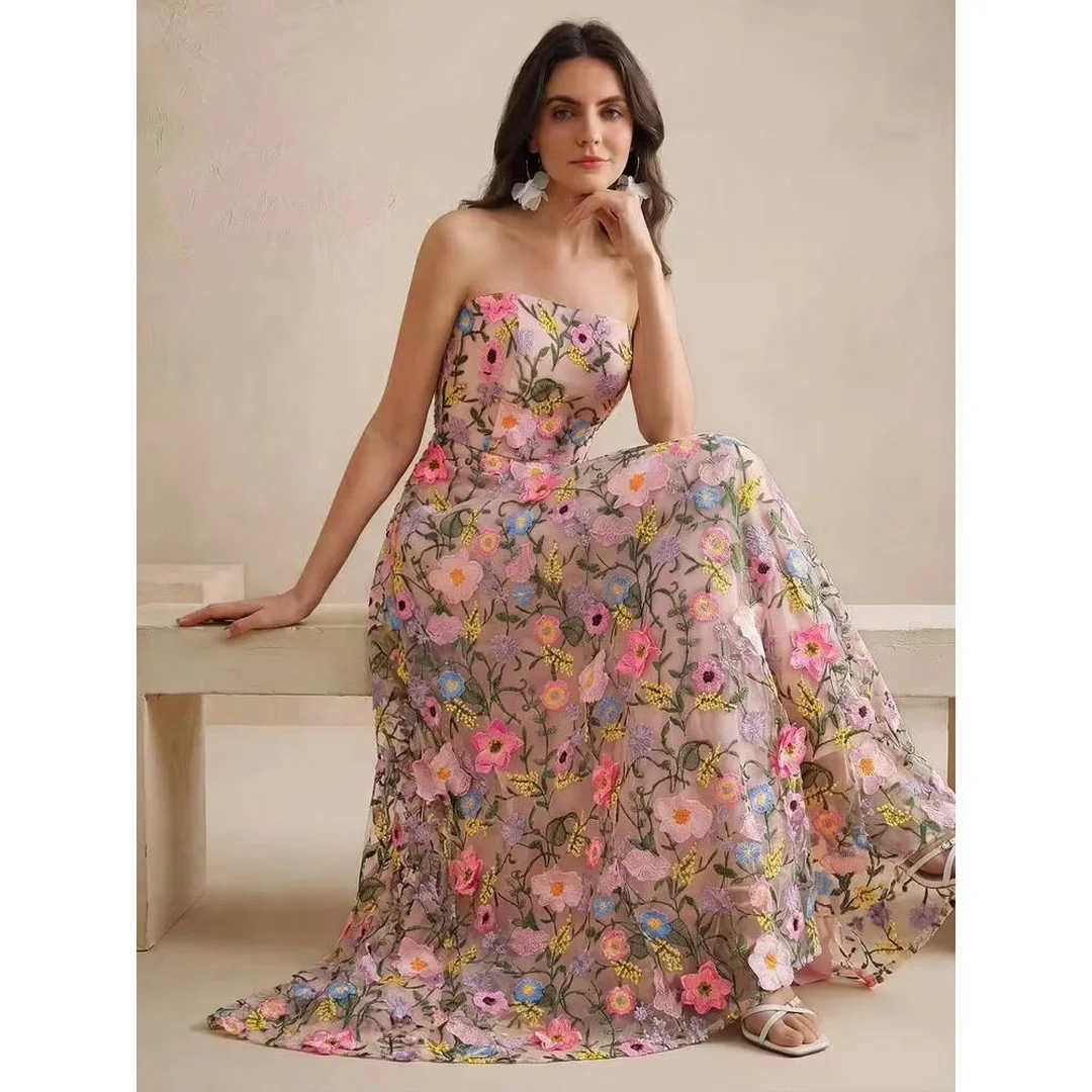 Sleeveless Evening Dresses Woman Elegant Party Dresses for Special Occasions Line A Customized 3D Flowers Embroidered Lace Dress
