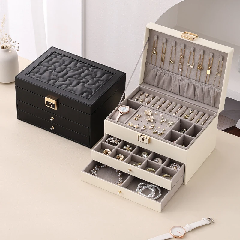 

Leather Jewelry Box Large Capacity Earring Ring Storage Boxes Drawer Jewelry Organizer Case Women's Necklace Hanging Container