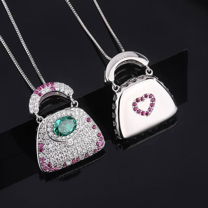 OANA S925 Full Body Silver High Carbon Diamond Creative Bag Style Simple Fashion Pendant Necklace Jewelry Free Shipping