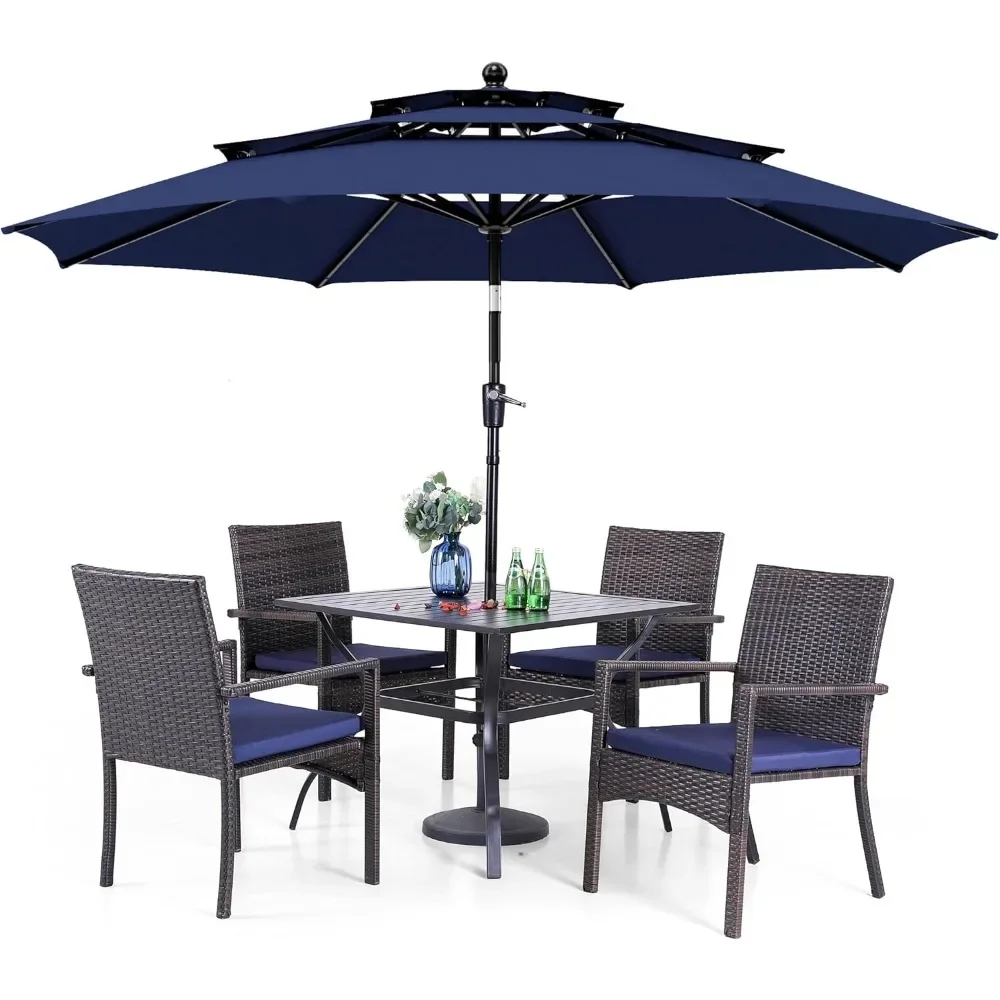 5-piece outdoor dining set, 37-inch square metal dining table and upholstered cane chair with 10-foot blue umbrella