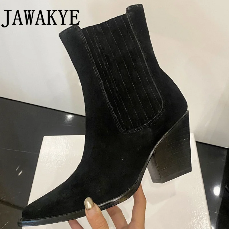 

Genuine Leather Suede Women's Boots Pointy Toe Square Heel Ankle Boots Women Chelsea Boots Black Short Old Effect Boots