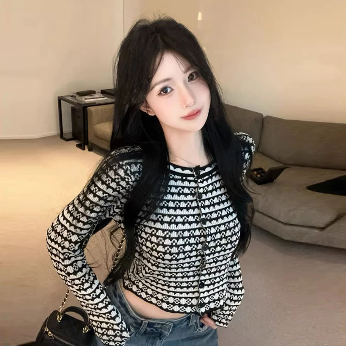 

Early Autumn Unique Spicy Girl Color Blo Striped Knitted Open Cardigan Ort Sve Long Sve Women's Design Sensation Sl...