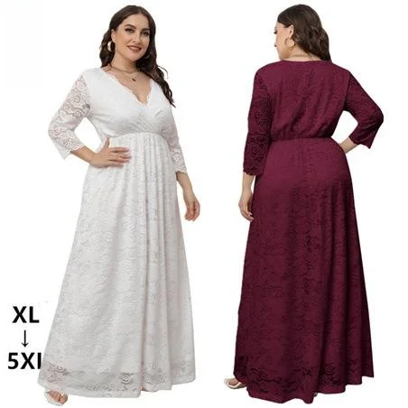 

Large Size Women's Lace Bridesmaid Dr A-Line Long Skirt V-Ne Side Zipper Spring Summer Outdoor Busin Casual Dr