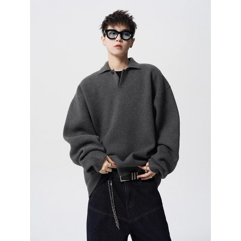 

Autumn Winter New Sle Korean Knitted Sweater Men Lazy Old Money Simple Casual Loose Turn-down Collar Yarn Clothes