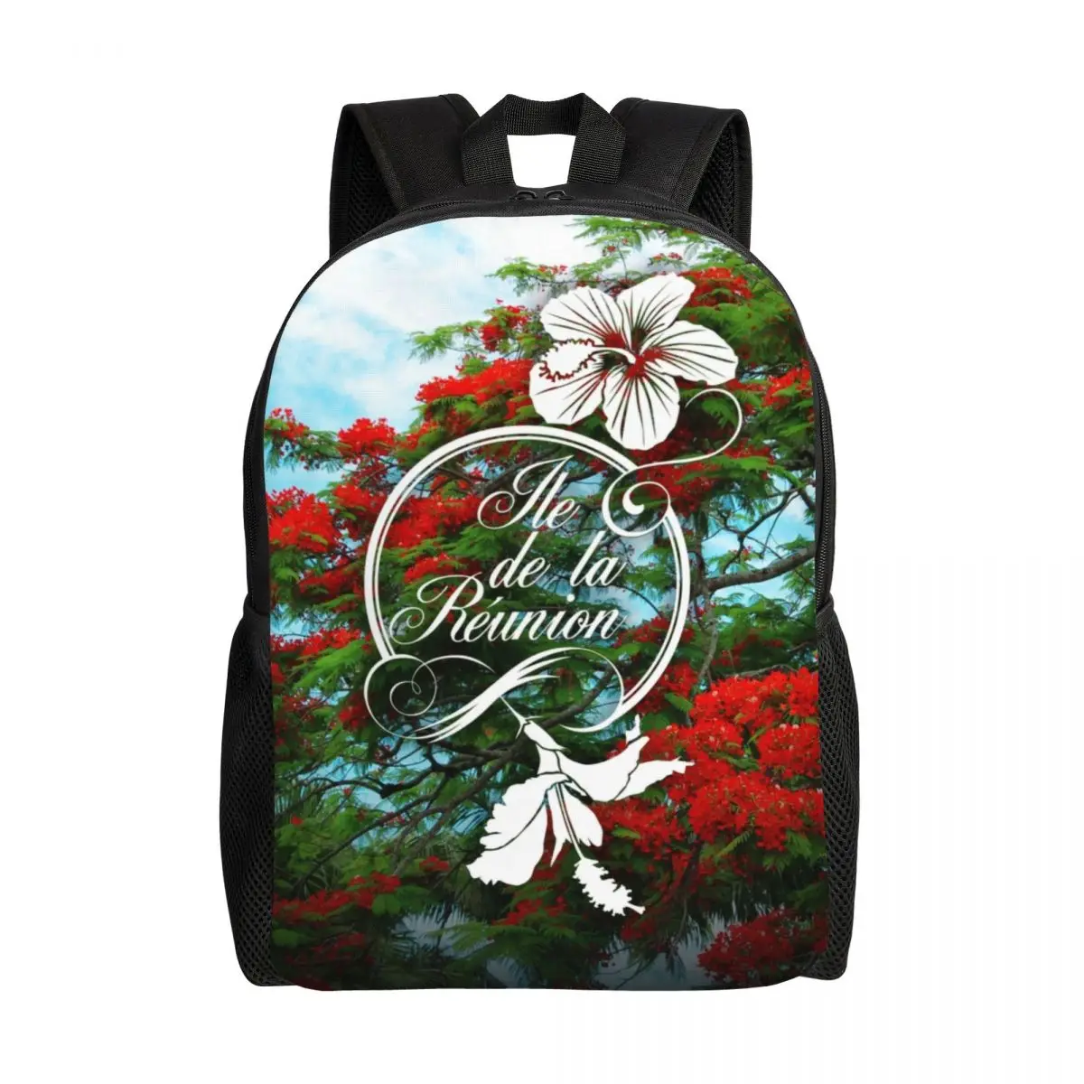 Custom 974 Reunion Island Flamboyant Hibiscus Travel Backpack School Laptop Bookbag Flowers Pattern College Student Daypack Bags