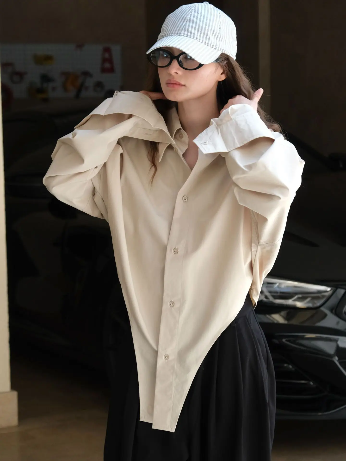 Spring and Autumn Women\'s Casual Solid Color Collar Long Sleeve Loose Irregular Shirt