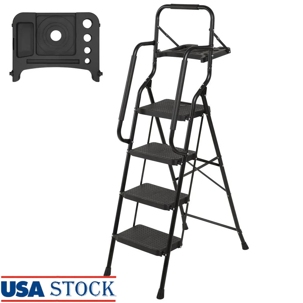 4 Step Portable Folding Ladder with Tool Tray 330 lb Capacity Safety Handrails Non-slip Feet Black Home and Office Essential