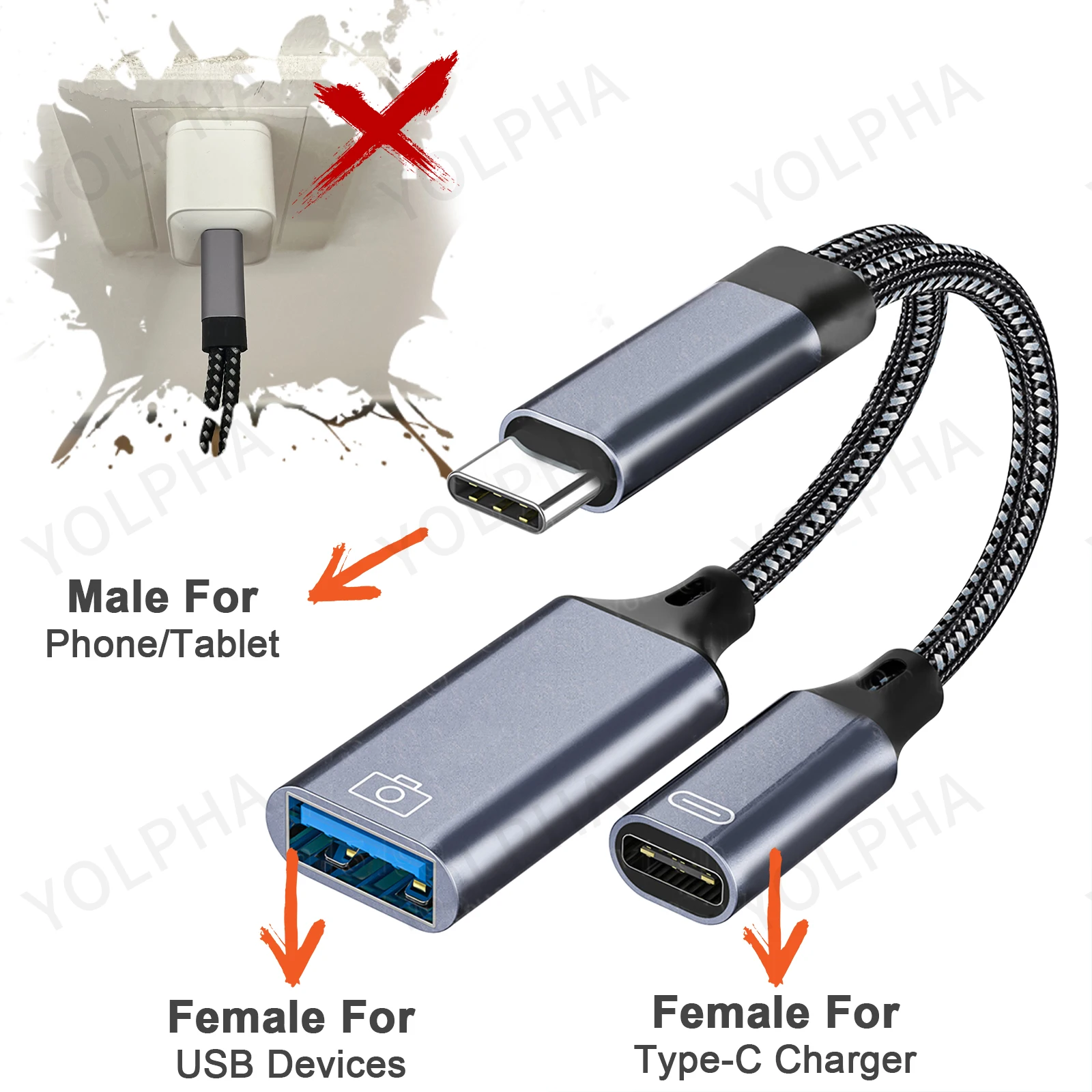 USB C OTG Cable Phone Adapter 2 in 1 Type C to USB A Adapter with PD Charging Port for Samsung Huawei Xiaomi Phone Laptop Tablet