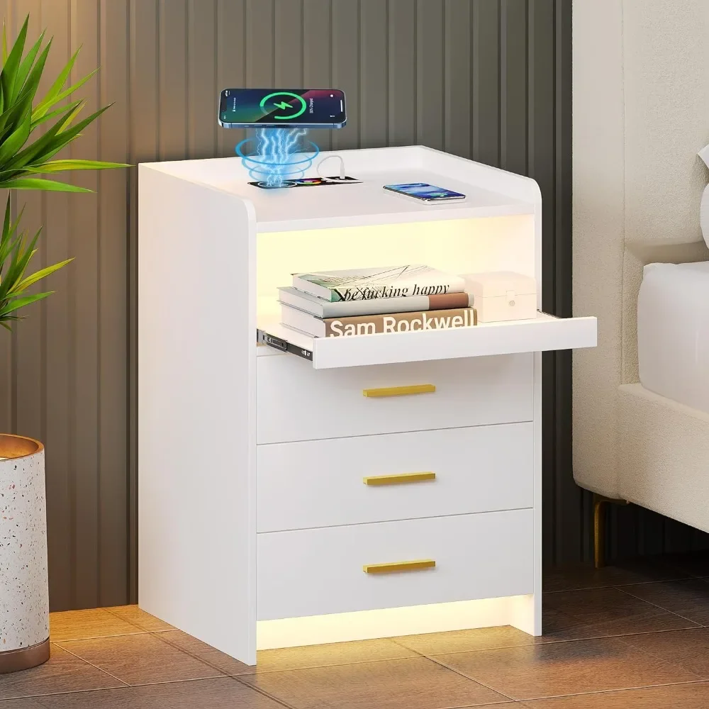 LED for Bedroom Beside Table - End Table With Charging Station for Livingroom Storage Cabinet With Auto-Sensor Lights Mobile