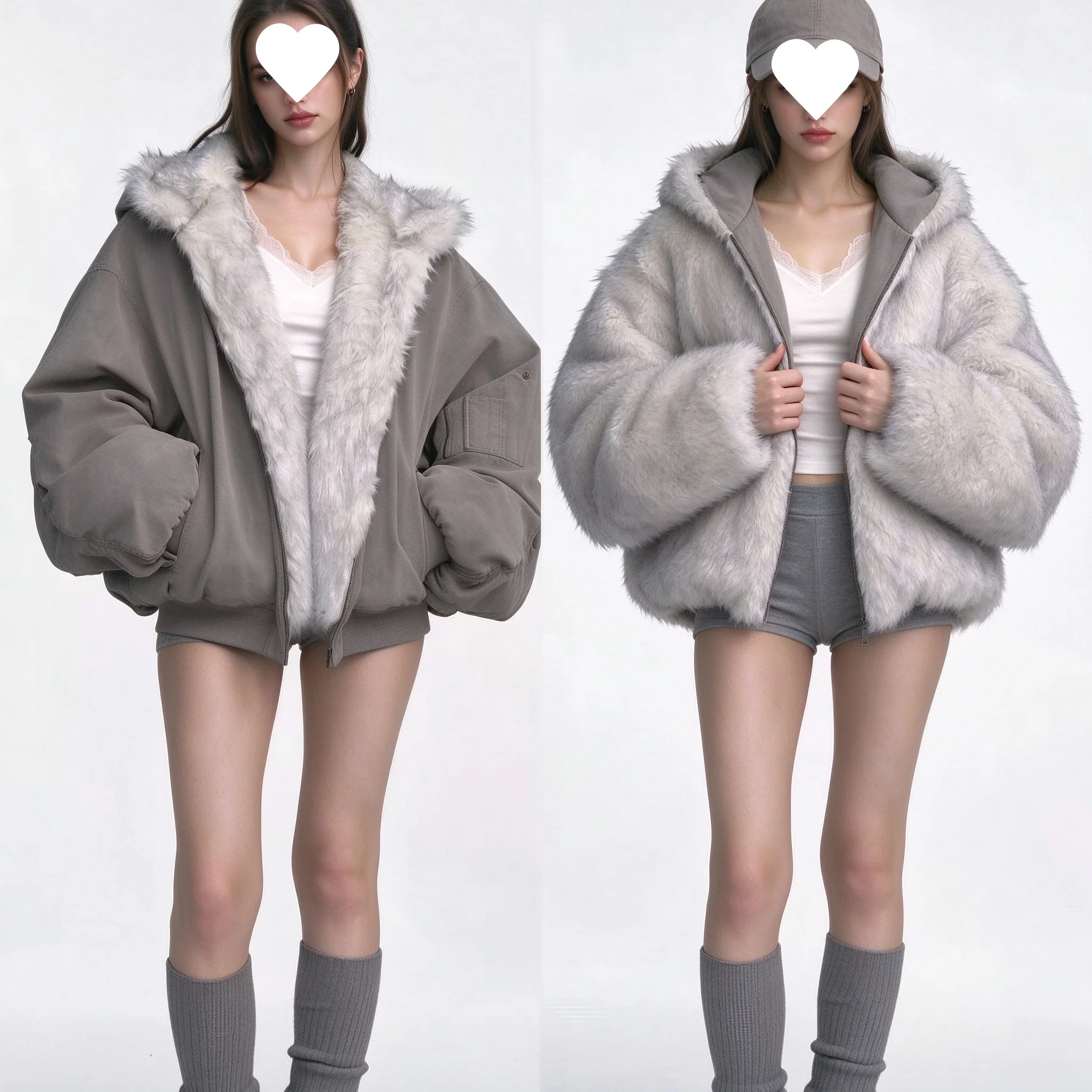 Double Sided Faux Fur Jacket Unisex Women Men Y2K Winter Warm Plush Hooded Oversized Loose Coat Outerwear Khaki Grey