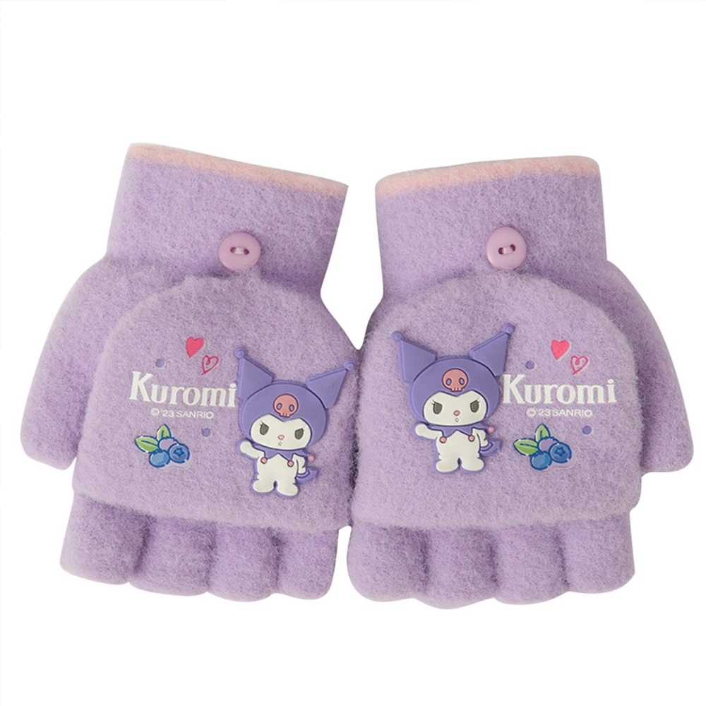 Anime Sanrioed Children\'s Plush Gloves Melody Kuromi Kawaii Girls Cartoon Mittens Warm Soft Flip Cover Dual Purpose Outdoors