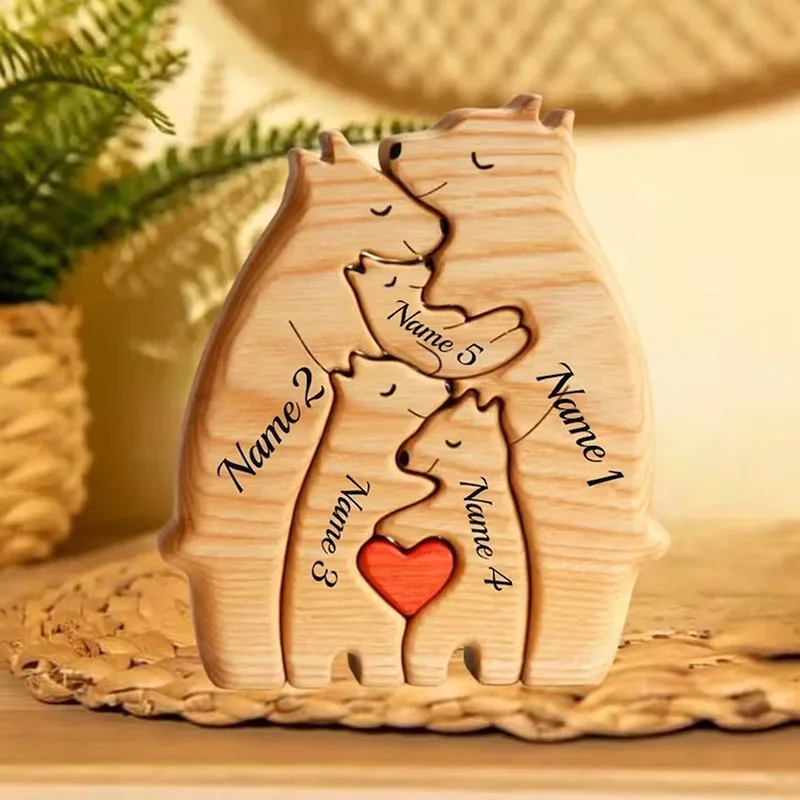 Free Engraving Personalized Custom Bear Family Wooden Puzzle DIY Christmas Birthday Gift Family Name Sculpture Names Desk Decor