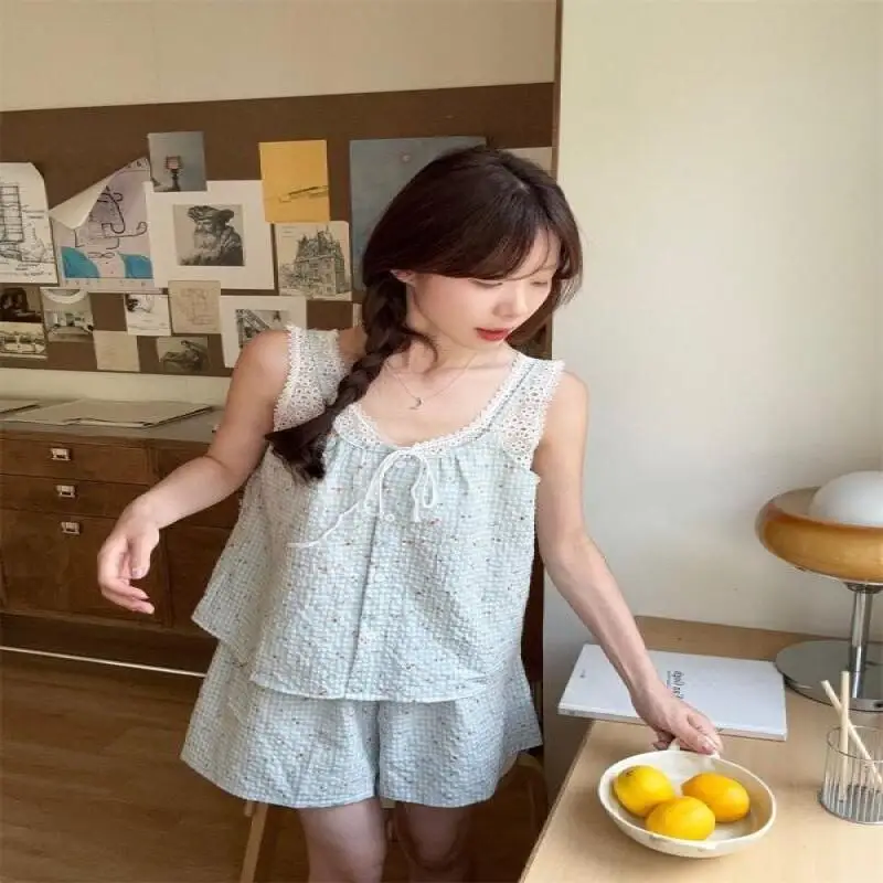 Floral Style Pajamas Spring and Summer Sweet Style Bow Tie Pajamas Girl Short Sleeves Trousers Student Dormitory Home Clothes