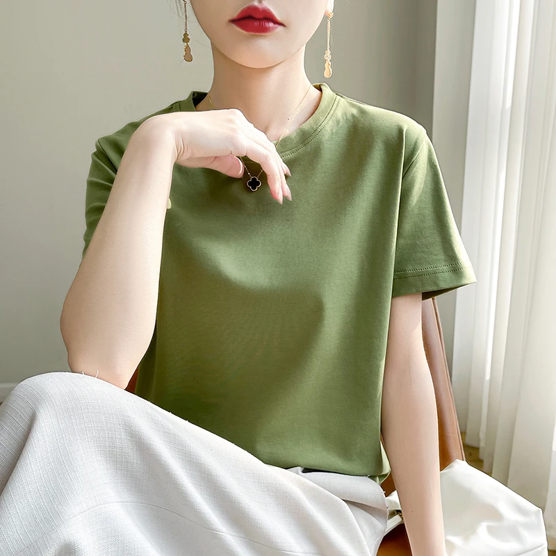 

Mercerized Cotton T-shirt Women's Short Sleeves 25 Summer New 100% Cotton Round Neck Loose Plus Size Shoulder Bottoming T-Shirt