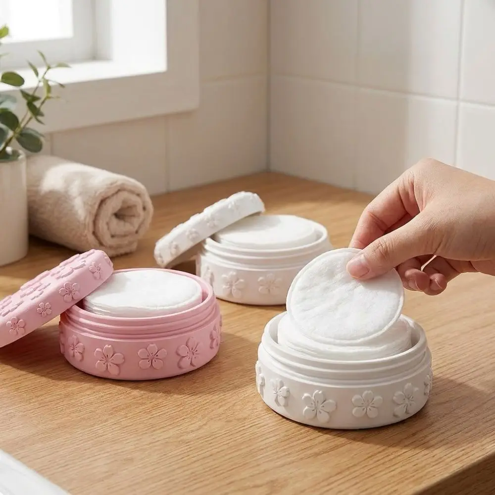 3D Printed Makeup Cotton Storage Box Embossed Cherry with Lid Beauty Storage Jar Aesthetic Round Sealed Powder Puff Box Bathroom