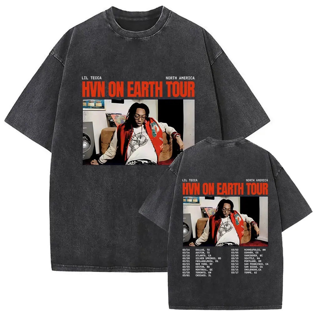 

Washed Vintage Rapper Lil Tecca Hvn on Earth Tour T-shirt Men Women Hip Hop Fashion Pop Music T Shirts Men's Retro Streetwear