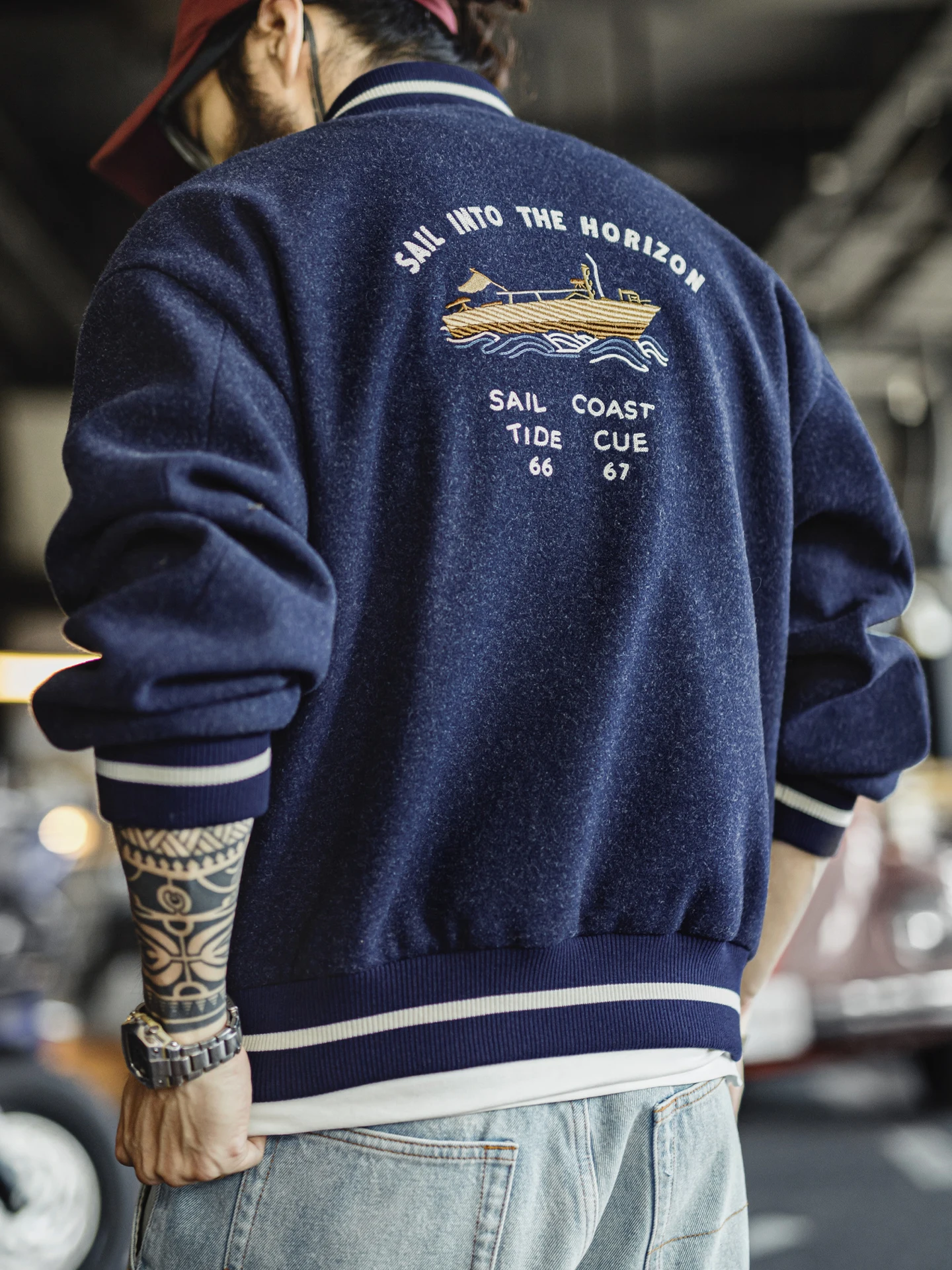 

Мужская вязаная бейсбольная куртка Maden: весенняя модная модель с контрастной строчкой, в американском ретро-стиле, синяя, рабочая одежда, на молнии