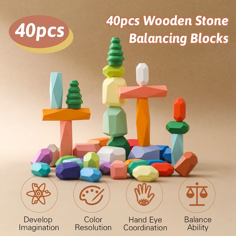 Wooden Sorting Stacking Rocks Stones Sensory Toddler Toys Learning Montessori Toys Building Blocks Game for Kids Birthday Gifts