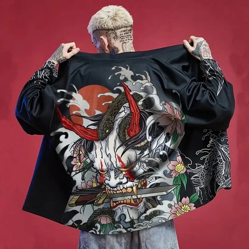 New Fashion Man Japanese Clothes Yukata Male Samurai Costume Haori Obi Beach Men's Kimono Cardigan Streetwear Jacket