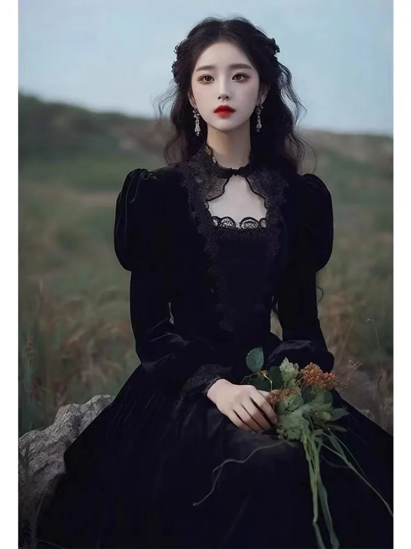 

Новое модное бархатное осеннее платье для женщин высокого класса, элегантное, с тонкой талией и пышными рукавами, маленькие ароматные однотонные вечерние платья, Vestidos