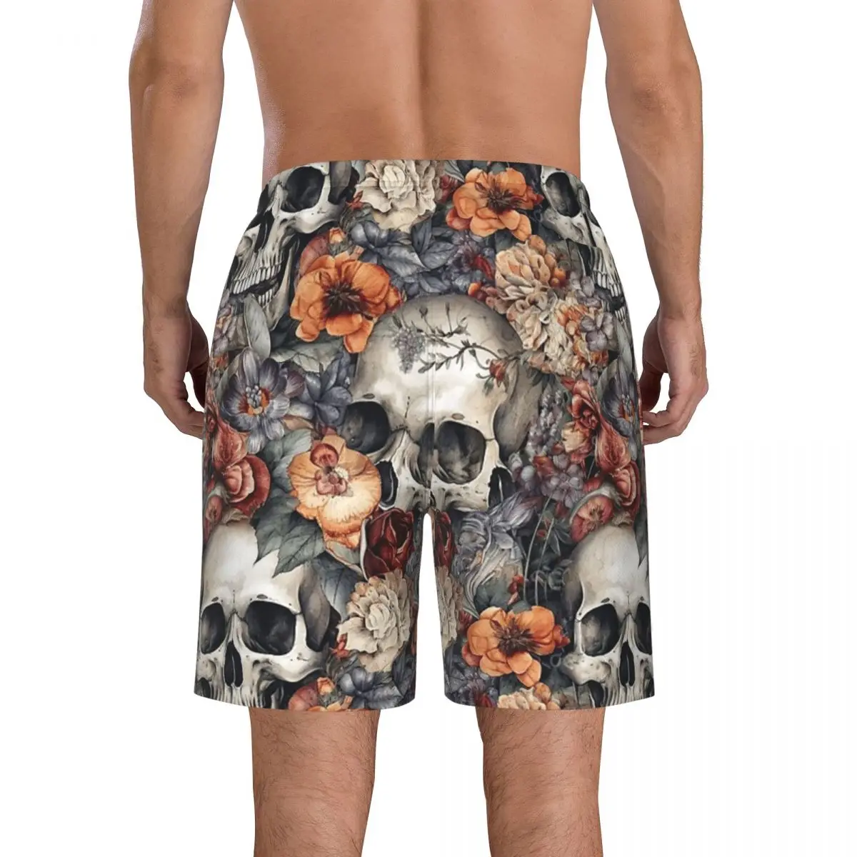 Vintage Floral Skull Roses Trunks Beach Board Shorts Casual Quick Dry Swim Summer Men Pants