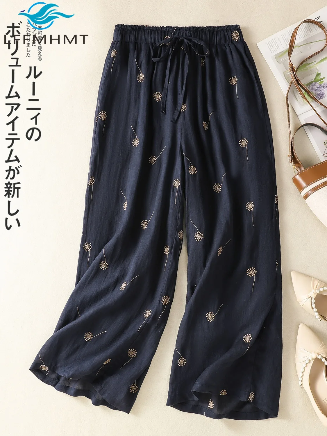 

Женские хлопковые льняные брюки с цветочным принтом одуванчика, летние модные эластичные свободные повседневные широкие брюки