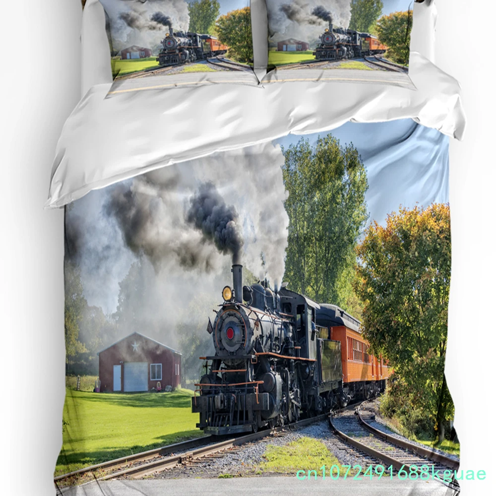 Steam Train Smoke Landscape Retro 3pcs Bedding Set For Bedroom Double Bed Home Textile Duvet Cover Quilt Cover Pillowcase